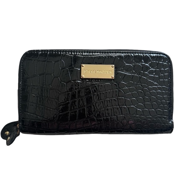 Steve Madden Handbags - Steve Madden Black Croc-Embossed Zip-Around Wallet